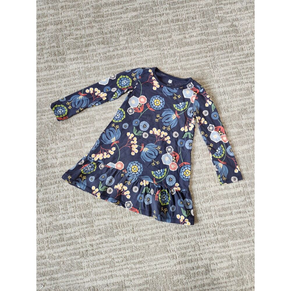 Tea Girls Long Sleeve Floral Print Ruffle Long Sleeve Dress blue size 5